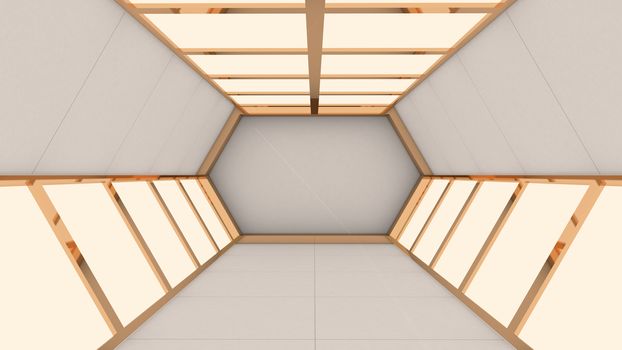 3d render of abstract background, Hexagon tunnel and gate box on a gold and white background