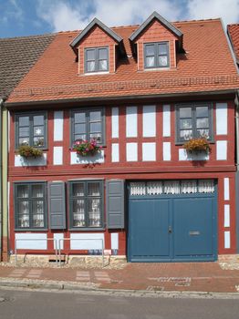 Renovated half-timbered house in Roebel, Mecklenburg-Western Pomerania, Germany.