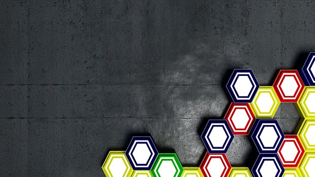 3d render of abstract lighting in background, Hexagon shape on cement and grey background