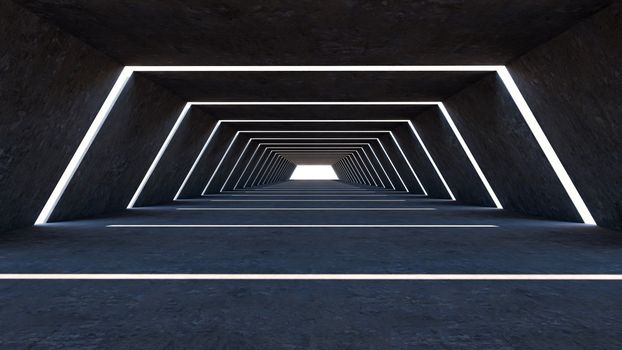 3d render of abstract in a big hall ,Hexagon shape on cement and neon lighting