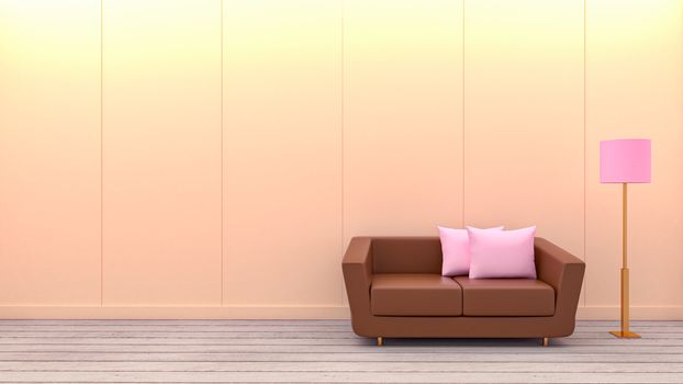 3d render of modern living room,red sofa and lamp in white gypsum board on wood floor
