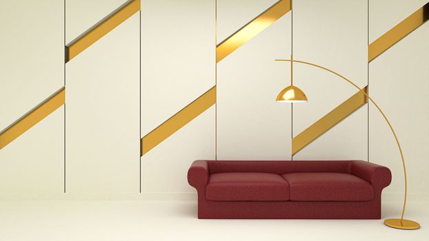3d render of modern living room,red sofa and lamp in white gypsum board on the floor