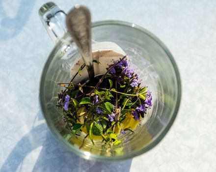 Transparent mug with tea. Brewing tea in a bag. Brewing herbal tea. Herbal tea.