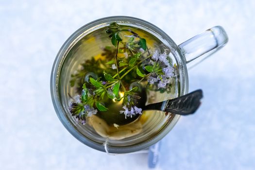 Transparent mug with tea. Brewing tea in a bag. Brewing herbal tea. Herbal tea.