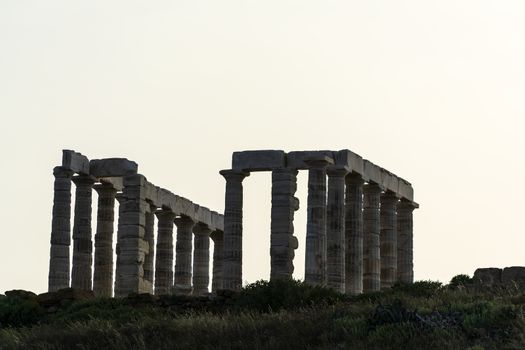 The ancient temple of Poseidon at Cape Sounion. He was god of the Sea. Attica, Greece.