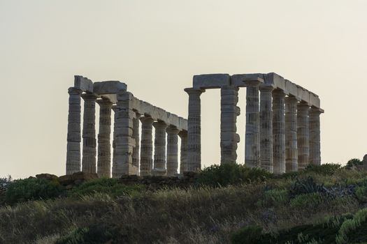 The ancient temple of Poseidon at Cape Sounion. He was god of the Sea. Attica, Greece.