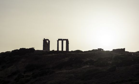 The ancient temple of Poseidon at Cape Sounion. He was god of the Sea. Attica, Greece.