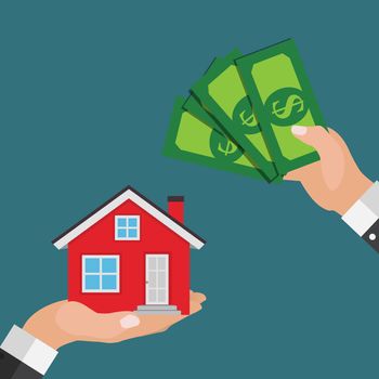 Real estate concept.  Buy house poster with men hands paying money for the home building. Vector Illustration EPS10