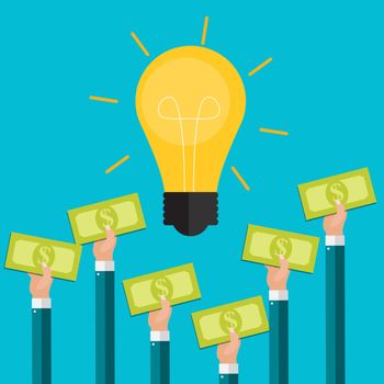 Hand holds money and light bulb. Investing in innovation concept. Modern flat design graphics. Vector illustration EPS10