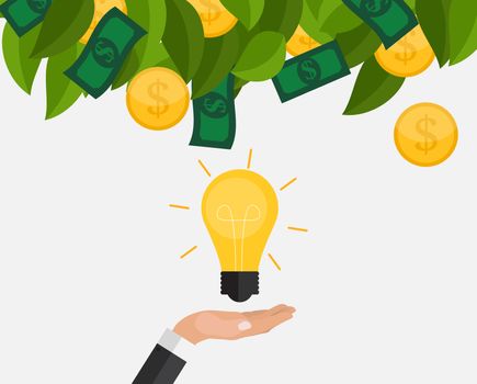 Hand holds money and light bulb. Investing in innovation concept. Modern flat design graphics. Vector illustration EPS10