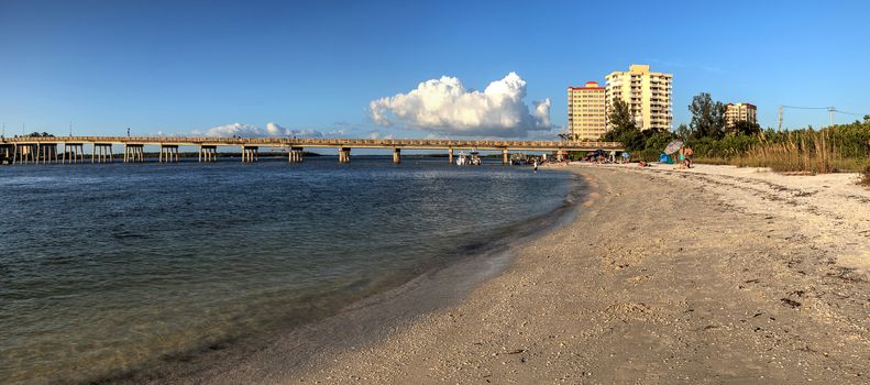 Big Carlos Pass bridge stretches across the water of Estero Bay in Bonita Springs, Florida