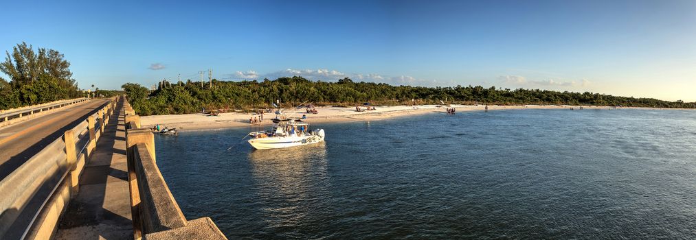 Big Carlos Pass bridge stretches across the water of Estero Bay in Bonita Springs, Florida