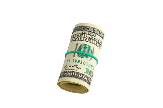 Money in a roll tied with an elastic band. The isolated object on a white background. Close up photo of money. U.S. dollars. Banknotes. Paper money isolated on white background.