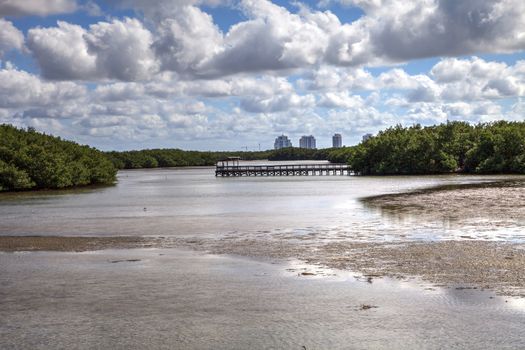 Fishing Pier over Waterway in Lovers Key State Park surrounded by mangroves in Fort Myers, Florida