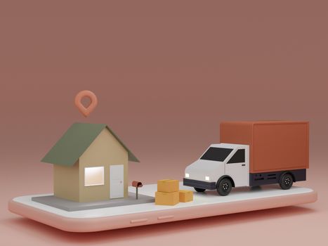 Online delivery service app concept, Delivery van and mobile phone with pin on house. 3D rendering