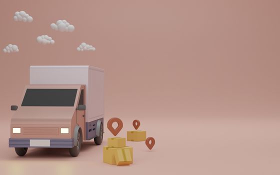 delivery service concept, Delivery to home. Delivery van, brown box package and pin. 3D rendering.