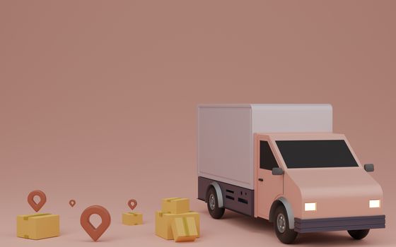 delivery service concept, Delivery to home. Delivery van, brown box package and pin. 3D rendering.