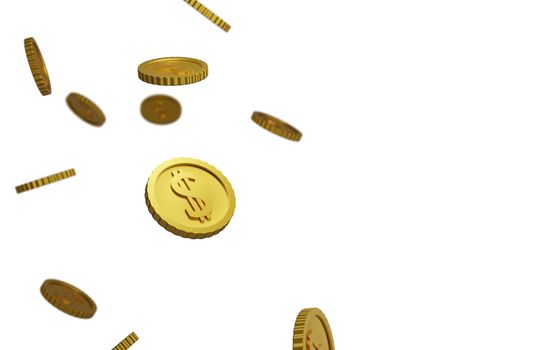 Falling coins, falling money, flying gold coins, raining golden coins. 3d rendering.
