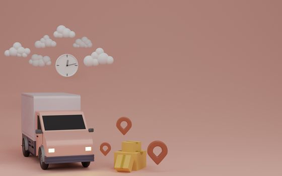 delivery service concept, Delivery to home. Delivery van, brown box package and pin. 3D rendering.