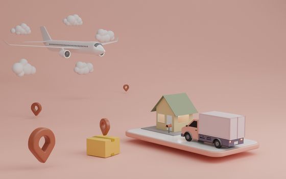 Delivery service concept, Delivery to home. Delivery van, airplane shipping cargo, brown box package and pin. Delivery service concept. 3D rendering.