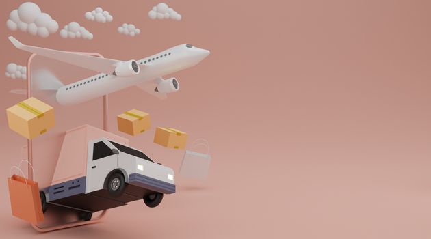 Delivery service concept. Delivery van, airplane shipping cargo, shopping bag and brown box shipping fast from mobile screen. 3D rendering.