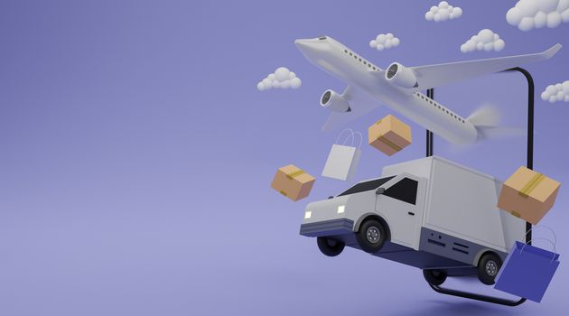 Delivery service concept. Delivery van, airplane shipping cargo, shopping bag and brown box shipping fast from mobile screen. 3D rendering.