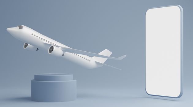 Empty smartphone white screen mockup side round pedestal with airplane. Transport and logistics services concept. 3D rendering.