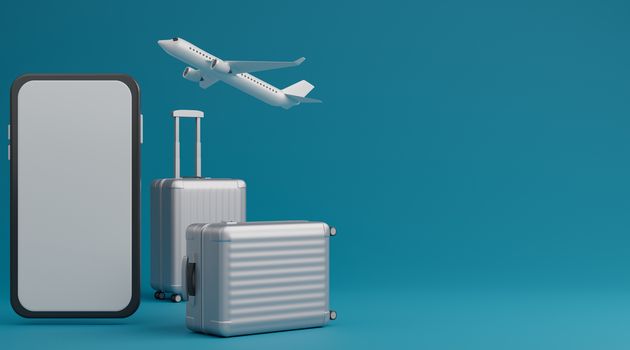 White luggage with white screen mobile mockup and airplane over blue background travel concept. 3d rendering