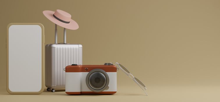 White luggage with white screen mobile mockup, sunglasses and camera over brown background travel concept. 3d rendering