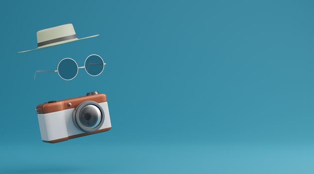 Sunglasses, hat and camera over blue background travel concept. 3d rendering