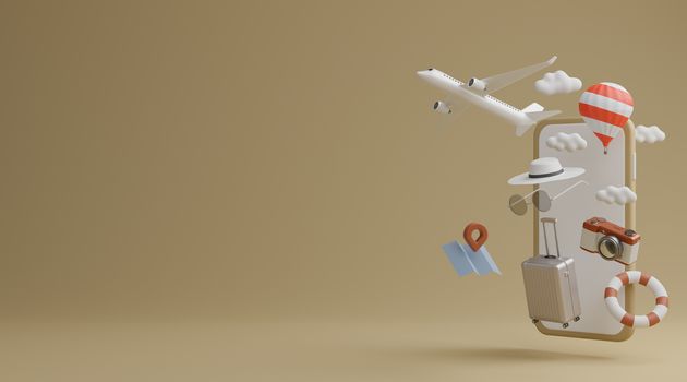 white screen mobile with airplane, balloon, swimming rubber ring, luggage, sunglasses, hat and camera over brown background travel concept. 3d rendering