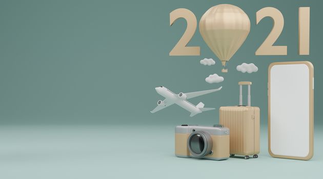 Happy New Year 2021: White screen mobile mockup with airplane, luggage and camera over pastel green background travel concept. 3d rendering