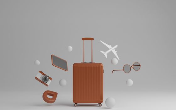 Luggage with airplane, sunglasses and camera over grey background travel concept. 3d rendering.