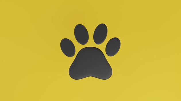 Black paw print on yellow background. Dog or cat paw print. Animal track. pet concept. 3D renderring.