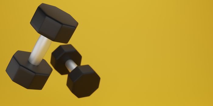 Black dumbbell on a yellow background. 3d rendering