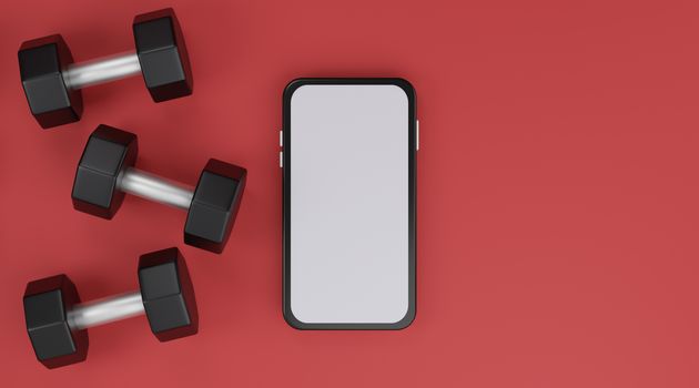 Black dumbbell and White screen mobile mockup on a red background. 3d rendering