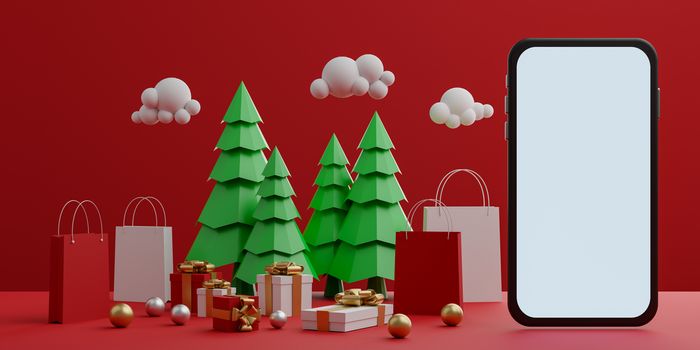 Red background with empty white screen mobile mockup, shopping bag, gift box and Christmas trees for advertisement. 3D rendering.