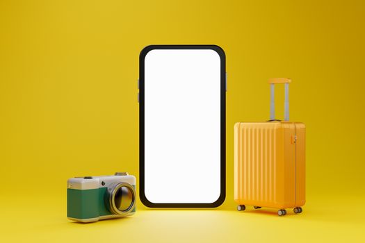 White screen mobile mockup with camera and luggage over yellow background travel concept. 3d rendering