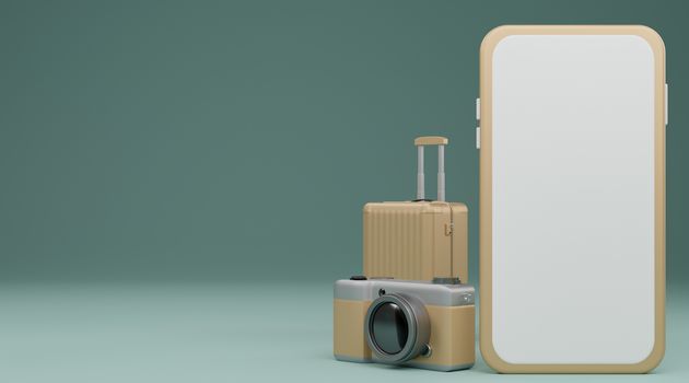 White screen mobile mockup with camera and luggage over pastel blue background travel concept. 3d rendering