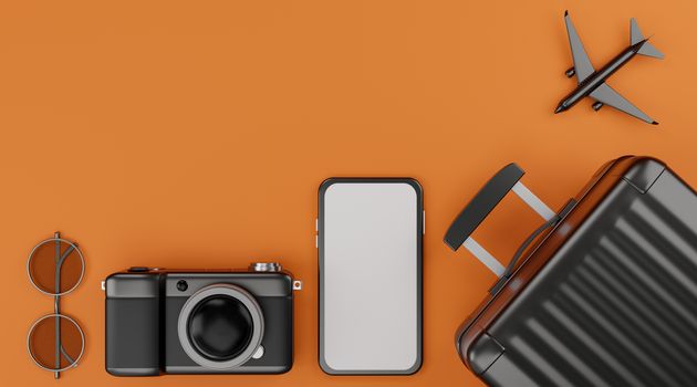 White screen mobile mockup with airplane, camera, luggage, and sunglasses over orange background travel concept. 3d rendering
