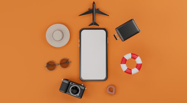 White screen mobile mockup with airplane, inflatable swimming rings, camera, luggage, hat and sunglasses over orange background travel concept. 3d rendering