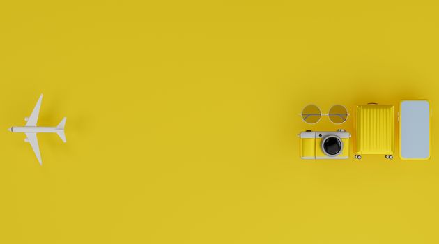 White screen mobile mockup with airplane, camera, luggage, and sunglasses over yellow background travel concept. 3d rendering