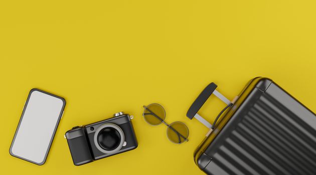 White screen mobile mockup with camera, luggage, and sunglasses over yellow background travel concept. 3d rendering