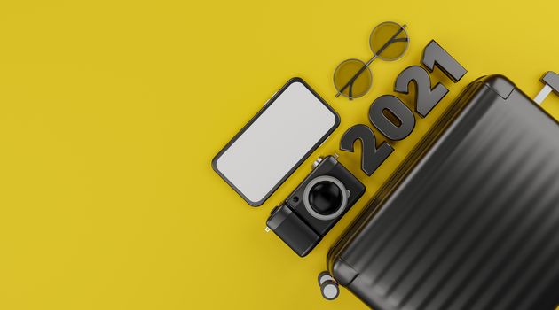 Happy New year 2021: White screen mobile mockup with camera, luggage, and sunglasses over yellow background travel concept. 3d rendering