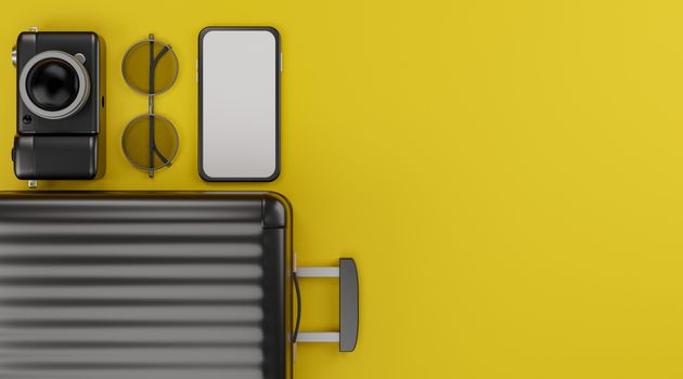 White screen mobile mockup with camera, luggage, and sunglasses over yellow background travel concept. 3d rendering