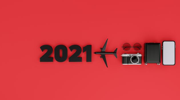 Happy New year 2021: White screen mobile mockup with airplane, camera, luggage, and sunglasses over red background travel concept. 3d rendering