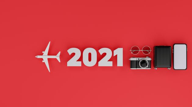 Happy New year 2021: White screen mobile mockup with airplane, camera, luggage, and sunglasses over red background travel concept. 3d rendering