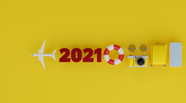 Happy New year 2021: White screen mobile mockup with airplane, inflatable swimming rings, camera, luggage, and sunglasses over yellow background travel concept. 3d rendering