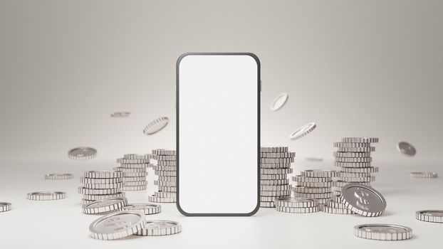 White screen mobile mockup with silver coin stack on white background.