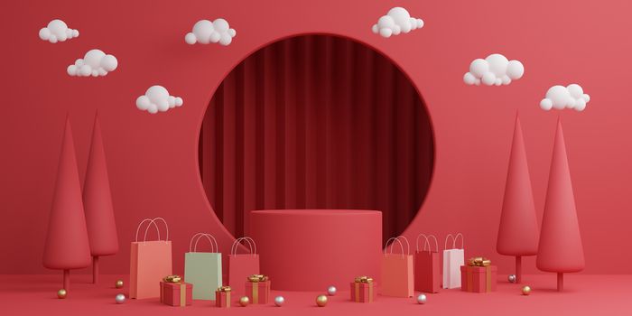 Minimal mock up scene. podium, pedestal, platform, stage for cosmetic product display. winter christmas red background with tree xmas. 3D rendering